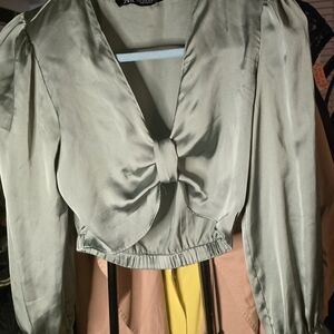 Zara Sage Green Blouse with Bow Detail